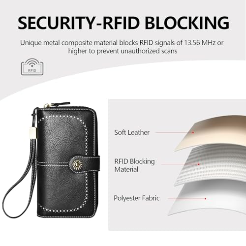 TFKGS Wallet for Women RFID Blocking Leather Large Capacity Card Holder Ladies Phone Clutch Travel Long Purse Wristlet | RFID Blocking - color: 1-Black