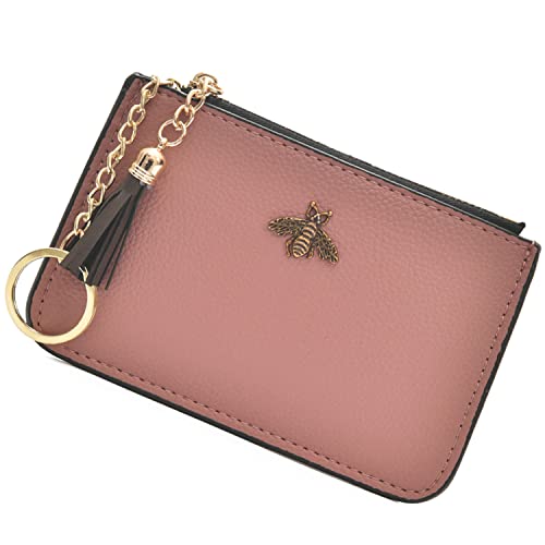 Coin Purse Change Wallet Pouch Leather Card Holder with Key Chain Tassel Zip(Pink) - color: Pink
