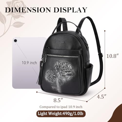 Mini Backpack Purse for Women,Vegan Leather Small Backpack for Daily | Embossed Lightweight Water-Resistance Travel Mini Fashion Daypack Bag,Ladies Casual Backpack Purse Gift Choice for Women - color: Black-flower