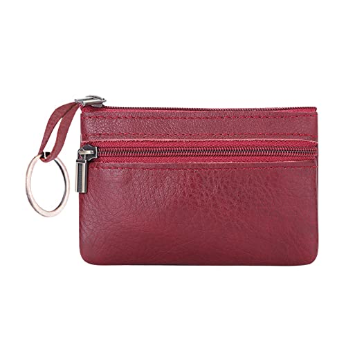 Genuine Leather Coin Purse, Small Coin Pouch for Men Women, Cash Change Wallet Key Holder Money Pouch with Key Ring, Zipper Storage Bag Coin Organizer - color: Wine Red