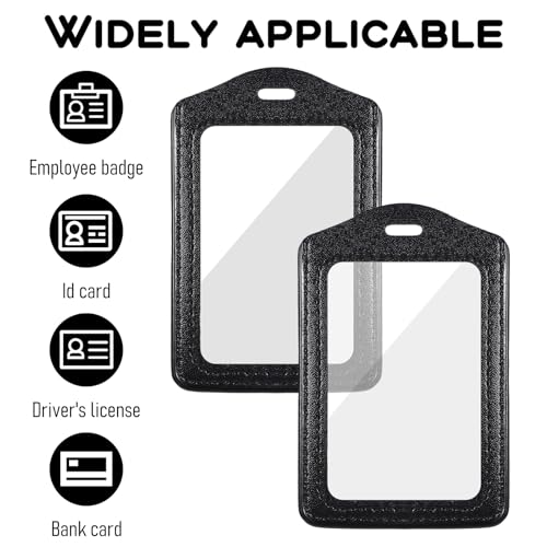 Genuine Leather ID Badge Holders, 2Pcs Leather Badge Holder with Double Side Clear Window, Vertical ID Card Holders, Waterproof Name Badge Holder for Students, Staff, Office, Employees, Black