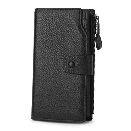 YALUXE Women's RFID Real Leather Wallet with 21 Card Slots Phone Pocket - color: 9- Pebbled Black, size: Genuine Leather