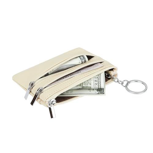 Women Genuine Leather Coin Purse Small Keychain Change Wallet - color: Beige