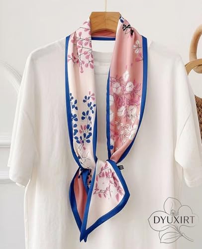 Head Scarf Purse Handle Neck Satin Hair Scarfs For Bag Lightweight Silky Long Thin Women's Fashion Scarves 59 * 5.9” - color: H15-pink Leaves(59*5.9inch)
