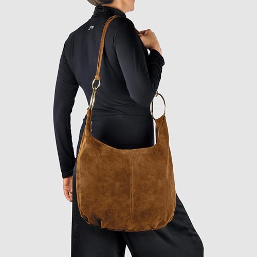 Italian Genuine Suede Hobo Bag for Women with Zippered Closure and Ring Handle Hardware | Large Shoulder Handbag (Mocha) - color: Mocha