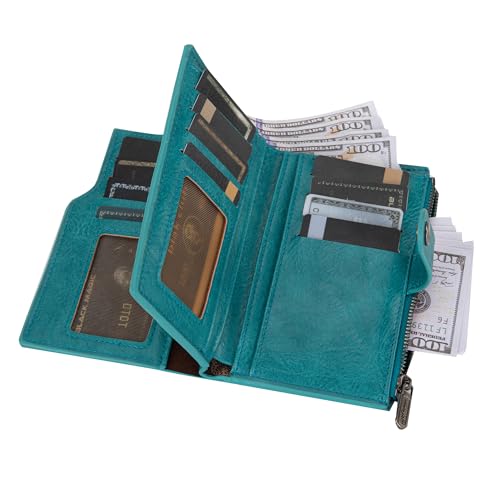 Wrangler Wallet for Women Bifold Card Holder with Zipper and ID Window - color: A-Turquoise