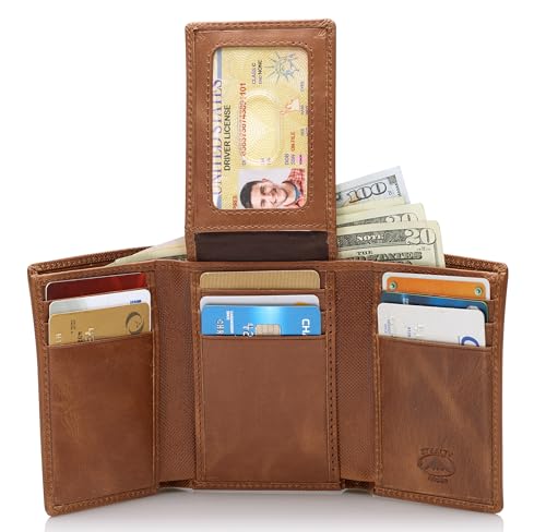 Stealth Mode Trifold Wallet - RFID Blocking Wallet with Flip ID Holder - Leather Case for Money, Credit Cards - Mens Organizer, Divided Billfold, Identity Protection - Men's Gifts (Brown Crunch) - color: Brown Crunch