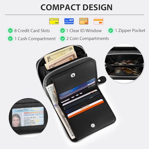 XINNSTAR Genuine Small Wallet for Women, Slim RFID Blocking Credit Card Holder with ID Window, Compact Purses for Women with 11 Card Slots - color: Black