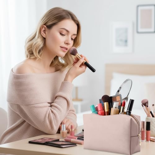 Kigeli Leather Makeup Bag PU Leather Cosmetic Pouch Wide-open Waterproof Toiletry Organizer with Dividers Travel Bag Birthday Valentine's Day Gifts for Women Friend Sister Daughter BFF(Nude Pink) - color: Nude Pink