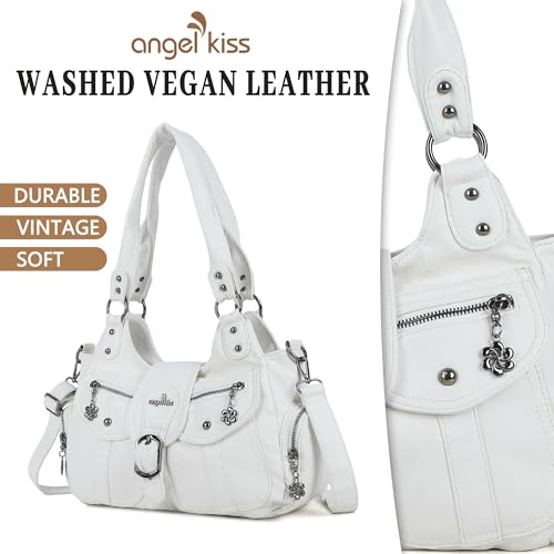 Angel Kiss Hobo Bags for Women Vegan Leather Shoulder Purses and Handbags Ladies Roomy Tote Bags Purse with Crossbody Strap - color: White