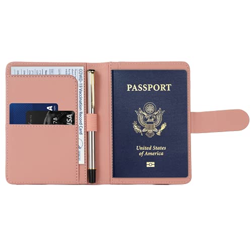 Melsbrinna Premium Leather Passport Holder Covers Case, Waterproof Rfid Blocking Travel Wallet Passport Holder with Pen Holder, Cute Passport Book for Women/Men - color: AC-Baby pink