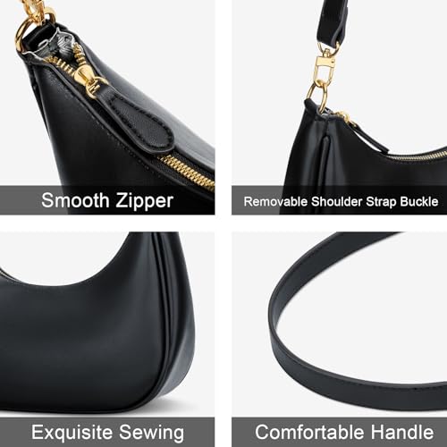 KKXIU Small Shoulder Bag for Women Mini Clutch Purses Cute Hobo Handbags | Classic Trendy Retro Underarm Crossbody Bag with Detachable Straps, Vegan Leather, Zipper Closure - color: Black