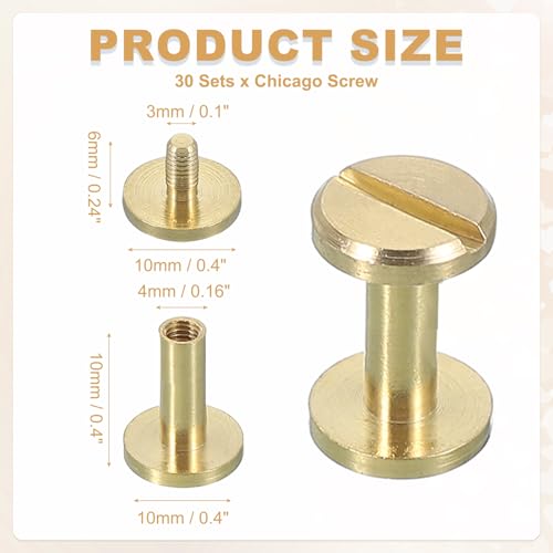 uxcell 30 Sets Chicago Screw Rivets M4x10mm Metal Phillips Head Post Nail Rivet Stud Screws Connectors for DIY Leather Belt Bag Craft Bookbinding, Brass - size: M4x10mm