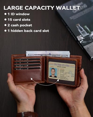 Swallowmall Wallet for Men RFID Blocking Genuine Leather Mens Wallets Bifold with 1 ID Window 15 Card Slots redbrown - color: redbrown