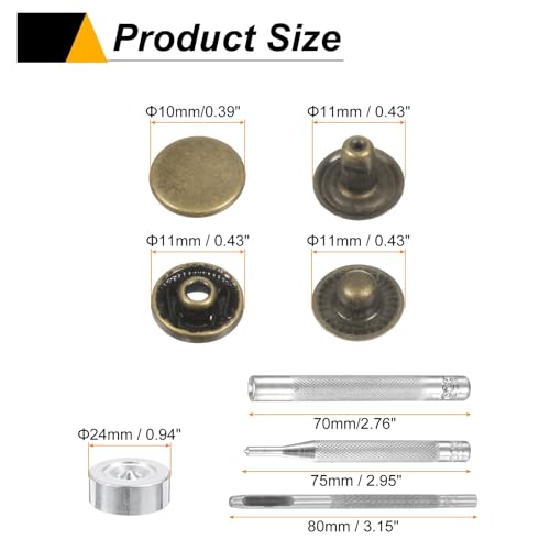 HARFINGTON 24Set Leather Snaps Fasteners Kit 10mm Dia Brass Press-Stud Cap Button 2.76" Length Metal Snap Buttons with 4 Install Tools for Coat Bag Leather Marine Boat Canvas, Bronze - color: Bronze