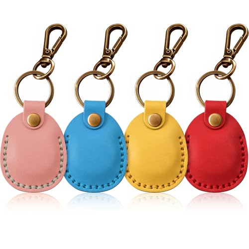 4 Pack Genuine Leather Airtag Holder Compatible with Apple AirTag Keychain 2nd & 1st Gen, Handmade Air Tag Holder with Key Rings, Hidden Airtag Case Accessories - Light Color - color: Pink/Light Blue/Yellow/True Red