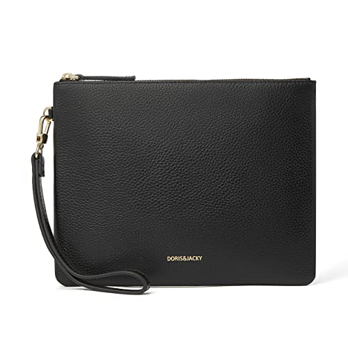 DORIS&JACKY Women Leather Clutch Purse and Phone Wallet with Wristlet Strap - color: Black