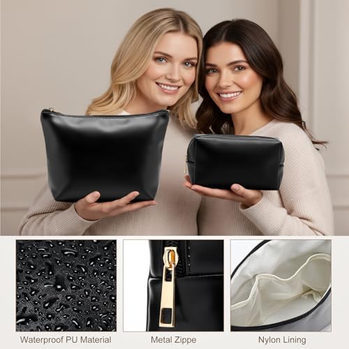 Kigeli 3 Piece Leather Makeup Bag Set Graduation Women Gifts PU Leather Makeup Toiletry Bag Bridesmaid Cosmetic Pouch Small Aesthetic Travel Purse for Wedding Birthday Women Gifts(Black) - color: Black