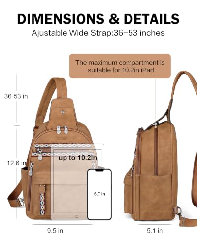 Large Sling Bag for Women, Designer 10L Leather Crossbody Purse | Anti Theft Sling Backpack, RFID Fanny Packs for Travel, Ideal for Vacation Walking Daily Errands - color: Camel Brown Nubuck Style