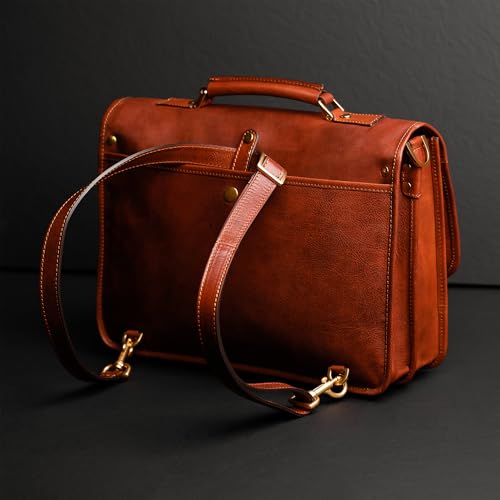 Time Resistance Leather Briefcase – Italian Handmade Leather Laptop Bag – Briefcase Convertible into Backpack - color: Cognac Brown