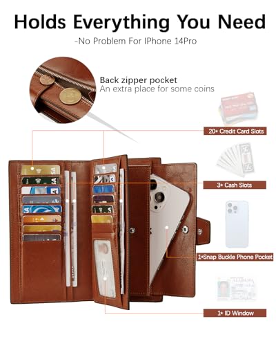 BOSTANTEN Womens Leather Wallet RFID Large Capacity Credit Card Holder | 20 Card Slots, Phone Holder, Zipper Coin Pocket, Clutch Wallet, Long Bifold, Ladies Gifts, Brown - color: D-Brown Red