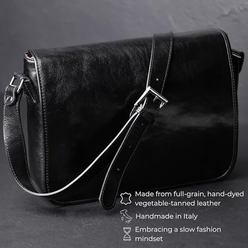 Time Resistance Leather Messenger Bag for Men, Handmade Crossbody Bag, Shoulder Bag Made in Italy - color: Black