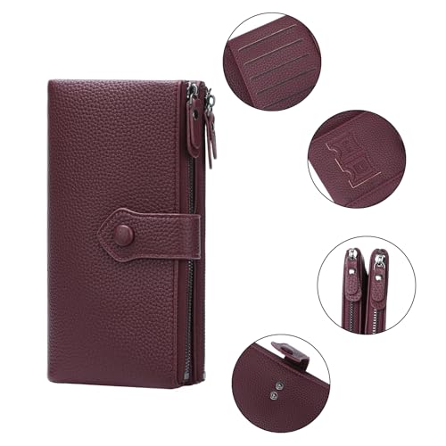 Women Soft Leather Wallets Slim Bifold RFID Blocking Ladies Credit Card Holder Double Zipper Pockets - color: B03 Wine Red