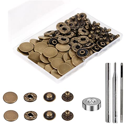 BetterJonny 24 Sets Heavy Duty Leather Snap Fasteners Kit, 17mm Metal Snap Buttons Press Studs Leather Rivets Snaps with 4 Setter Tools for Clothes Bracelet Jackets Jeans (Antique Brass) - color: Antique Brass, size: 17mm