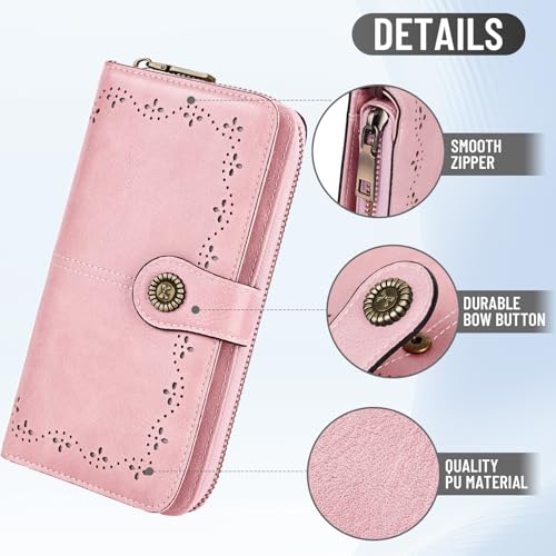 Pink Wristlet Wallets for Women with Cherry Purse Charm PU Wallet | Credit Card Holder, Large Capacity, 12 Card Slots, Zipper Pocket, Ladies Clutch - color: Pink