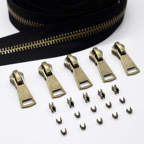 #8 Heavy Duty Metal Zipper by the Yard 3 Yards with 5 Sliders 10 Top Stops and 5 Bottom Stops for Tents Backpacks Outdoor Gear Cushion Covers DIY Pouches and Home Decor(Black/Copper Teeth) - color: Black/Copper Teeth