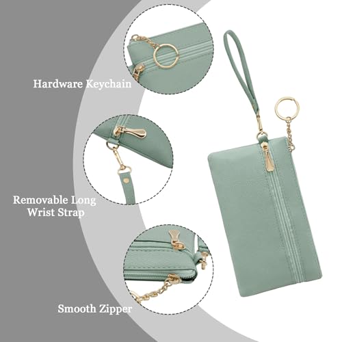LJCZKA Leather Wristlet Wallet for Women Men Large Capacity Clutch Handbags Purses Long Cellphone Credit Card Holder Pocket Bag with Wrist Strap, Keychain (Green) - color: Green