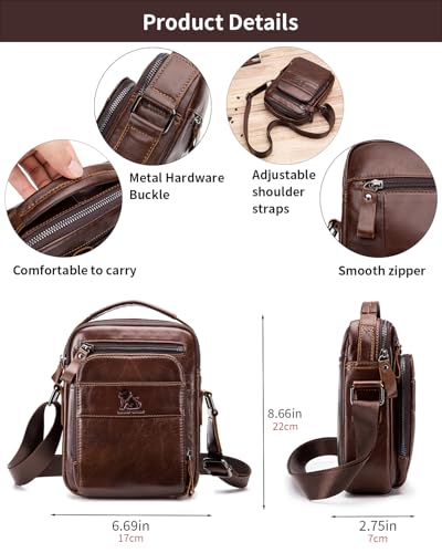 Leather Crossbody Bag for Men with Double Compartments | Genuine cowhide,two roomy sections,adjustable strap,zip closure,ideal for work,commuting,travel and gifts - color: Coffee
