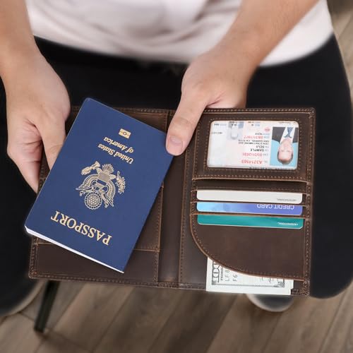 Polare Leather Passport Holder RFID Blocking Travel Bifold Wallet - color: Dark Brown with AirTag Slot