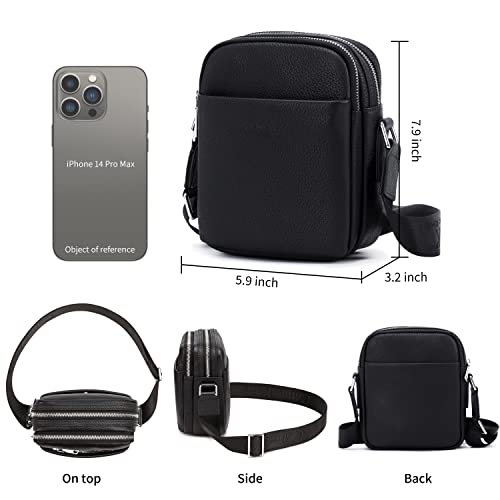 Black Leather Crossbody Bag for Men, Small Satchel Bag | First layer cowhide, lychee patterned soft calf leather, small messenger bag for work and leisure