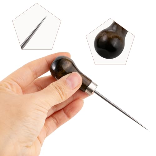 Ceukius 6 Pack Wooden Handle Scratch Awl for Leather Punch Hole or DIY Handmade, Gourd Shape Awl Tool, Leather Craft Tool
