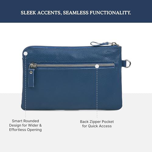 Leather Wristlet Wallet for Women Clutch Handbag Purse with Cell Phone Slot | Genuine Top Grain Leather, 8 Credit Card Slots, Detachable Strap, YKK Zipper, Gifts for Women - color: Sapphire Blue Nappa
