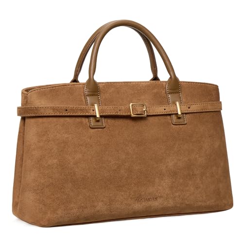 BOSTANTEN Soft Structured Satchel Bag for Women Medium Work Tote Handbag | Commute or everyday, Luxury Pebble Leather or Faux Suede, Professional Style, Removable Strap, Expandable, Giftable Choice - color: Brown