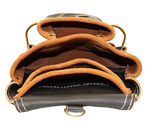 Leather Tool Pouch for Carpenter | Best for Electricians, Plumbers, Handyman and Framers | 10 Pockets with 2 Stainless Steel Hammer Holders - color: Black