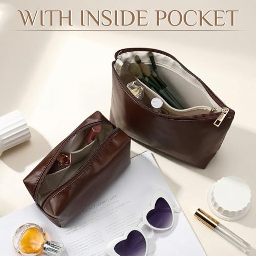 Kigeli 3 Piece Leather Makeup Bag Set Graduation Women Gifts PU Leather Makeup Toiletry Bag Bridesmaid Cosmetic Pouch Small Aesthetic Travel Purse for Wedding Birthday Women Gifts(Coffee) - color: Coffee