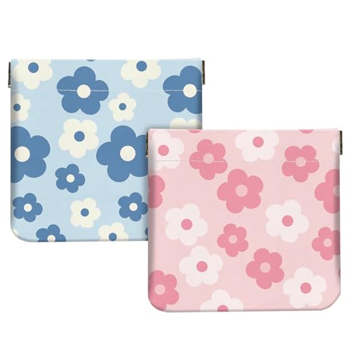 2Pcs PU Leather Small Squeeze Coin Purse Pouch Mini coin Bag Unique And Cute Wallet Cosmetic Bags Change Bag For Women Girls Men （Blue and Pink Flowers - color: Blue and Pink Flowers