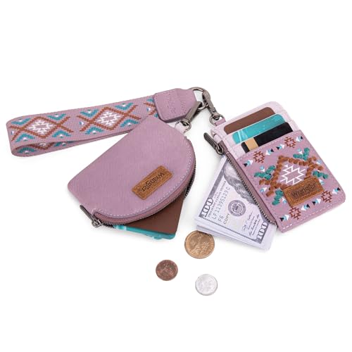 Wrangler Western Keychain Wristlet Wallets for Women Retro Dual Pouch Wristlet Credit Card Holder Wallet with Zipper Pocket WG2214-W0051PP - color: Aztec-Purple