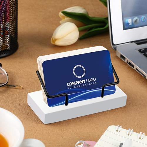 2 Pieces Wood Business Card Holder for Desk,White, Black | Wooden Holders with Metal Stand, Office Desktop Organizer, Card Reception Display, Vertical Easy Access Design - color: White, Black
