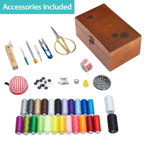 Wooden Sewing Kit, Home Hand Sewing Repair Embroidery Tool Storage Box, Beginners Sewing Kit Accessories Organizer (Retro Brown)