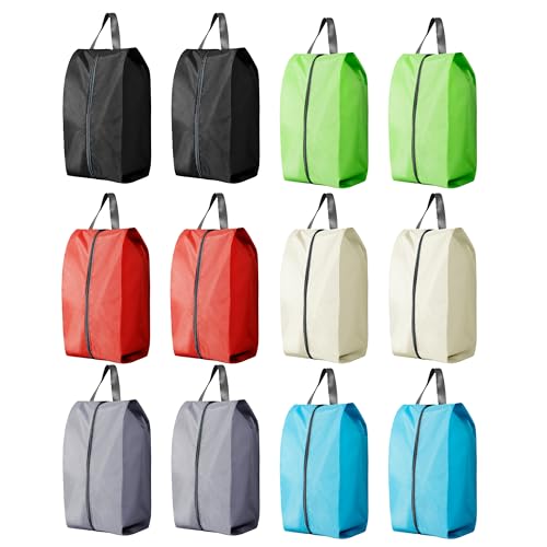 Travel Shoe Bags, Set of 12, Large Oxford Fabric Storage Bags with Zipper and Handle, Water-Resistant Pouches (Black, Gray, Green, Red, Cream, Blue) - style: Black, Gray, Green, Red, Cream, Blue