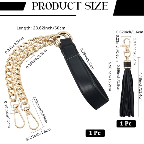 PU Leather Purse Chain Strap with Tassel Pendant 24 Inch Microfiber Leather Bag Chain Replacement Flat Handbag Handle for Women Shoulder Crossbody Bag Handbag DIY Crafts(Black Gold) - color: Black;gold
