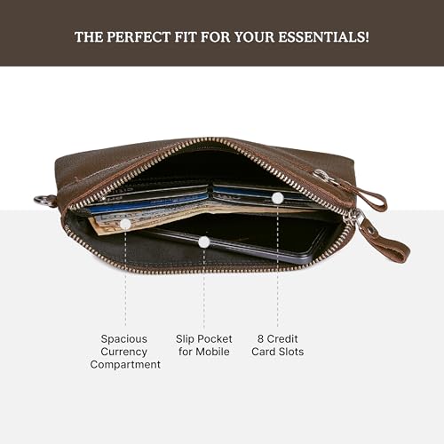 Leather Wristlet Wallet for Women Clutch Handbag Purse with Cell Phone Slot | Genuine Top Grain Leather, 8 Credit Card Slots, Detachable Strap, YKK Zipper, Gifts for Women - color: Brown Nappa