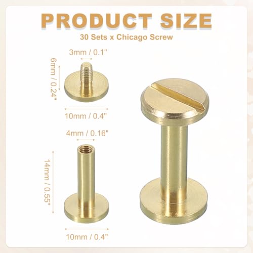 uxcell 30 Sets Chicago Screw Rivets M4x14mm Metal Phillips Head Post Nail Rivet Stud Screws Connectors for DIY Leather Belt Bag Craft Bookbinding, Brass - size: M4x14mm