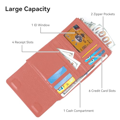 Women's Bifold Wallet, Genuine Leather, Magnetic, ID Window | Holds 10+ Cards, 2 Zip Coin Pockets, Pebbled Cowhide, Snap Closure, Large Capacity, Multiple Colors, Compact 5.5x3.9in - color: B-Rubber Red