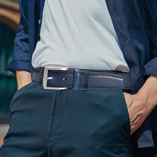 Men's Genuine Leather Dress Belts, 2 Pack, 1.32" Wide, | 100% genuine cowhide leather, handcrafted with classic prong buckles for business, casual, office, suit, jeans and daily wear - color: 03 Black Belt/Blue Belt, size: Fits 30" to 34" waist