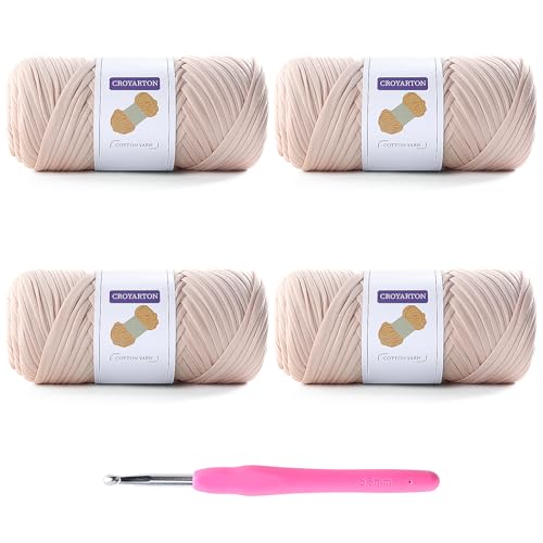 4 Pack Tshirt Yarn for Crocheting, Elastic T Shirt Spaghetti Thick Knitting Yarn Total Length 260 Yds for Crochet Bag Baskets Home Decor with 1 Crochet Hook (4-Beige) - color: 4-Beige